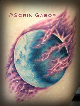 Tattoos - Realistic color moon and space tattoo on ribs - 120422